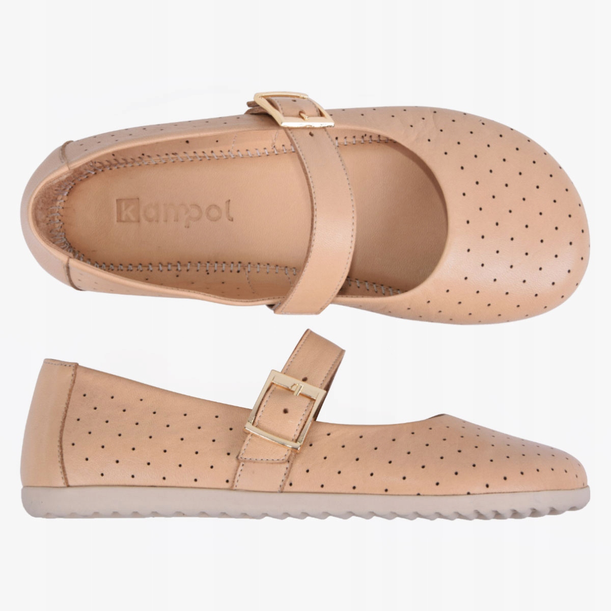 Baleriny Buty Damskie Barefoot Skórzane Szerokie Z Paskiem Beżowe Kampol 41