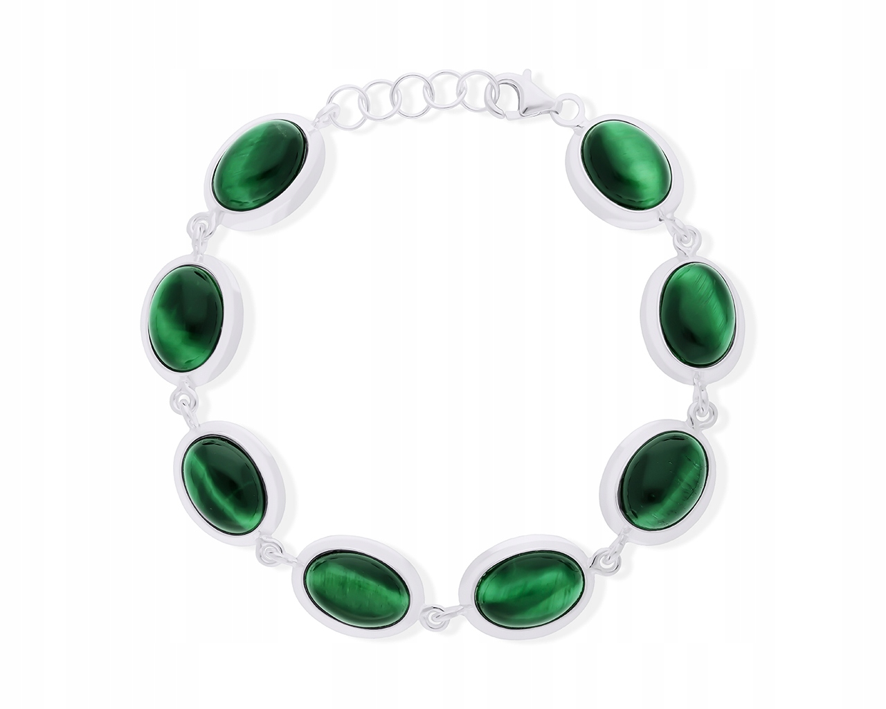 Stříbrný náramek pro ženy Zelené tygří oko, přírodní, široký ryzost 925