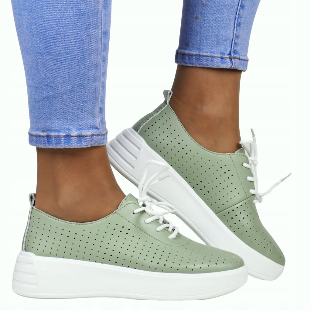 Polobotky Tenisky Ažurové Z Kůže Na Klínku Zelené Mátové Lehké