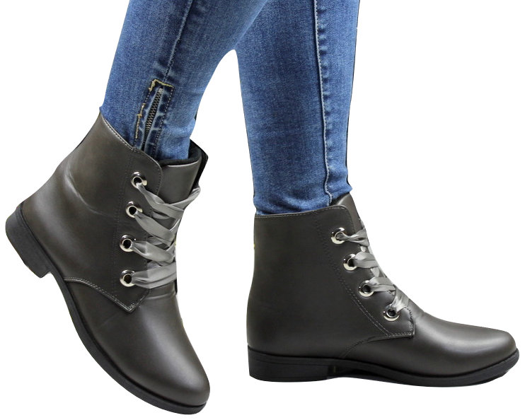 

Szare Płaskie Botki Damskie Oficerki Eko Skóra