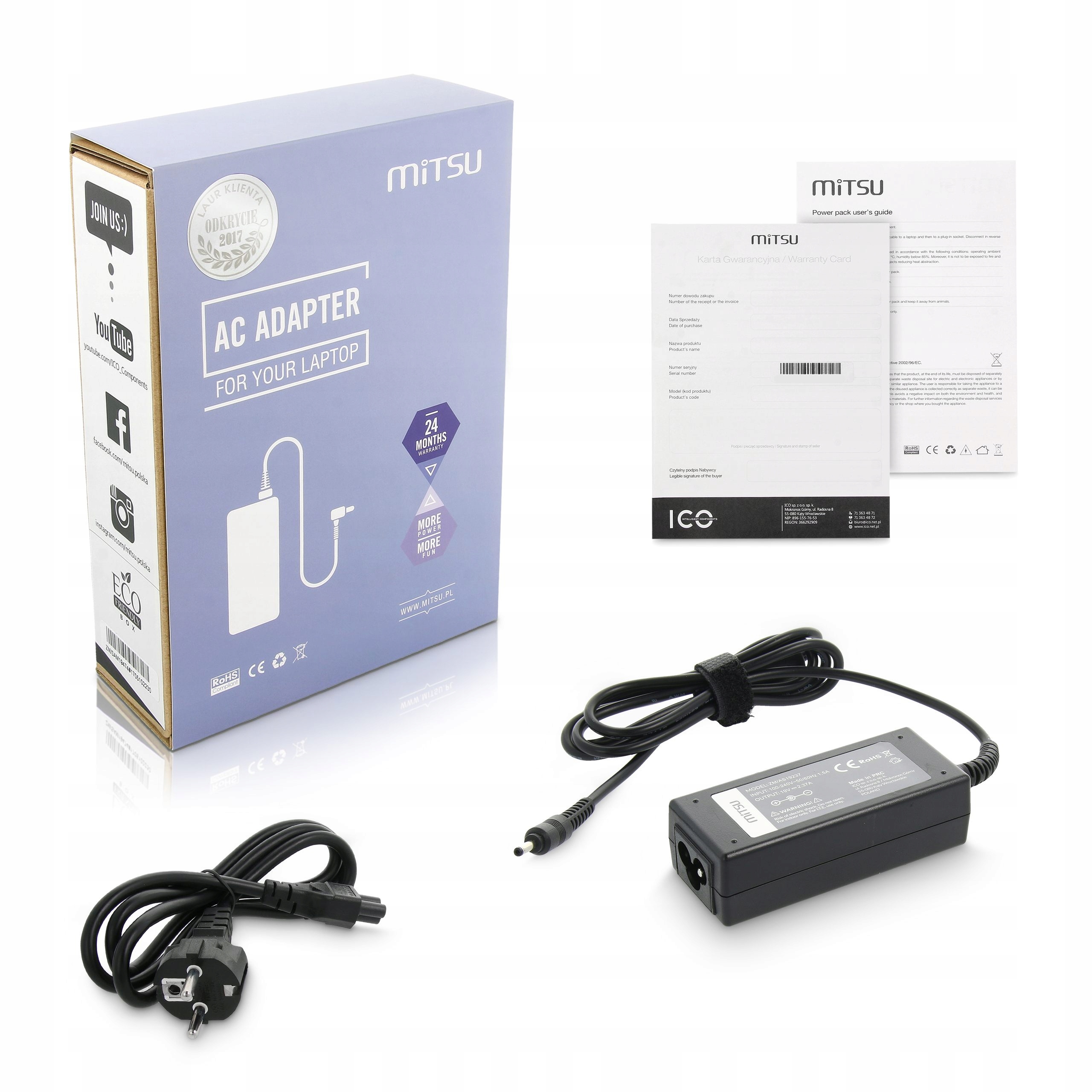 

Zasilacz Mitsu 19v 2.37a (3.0x1.1) 45W do Acer