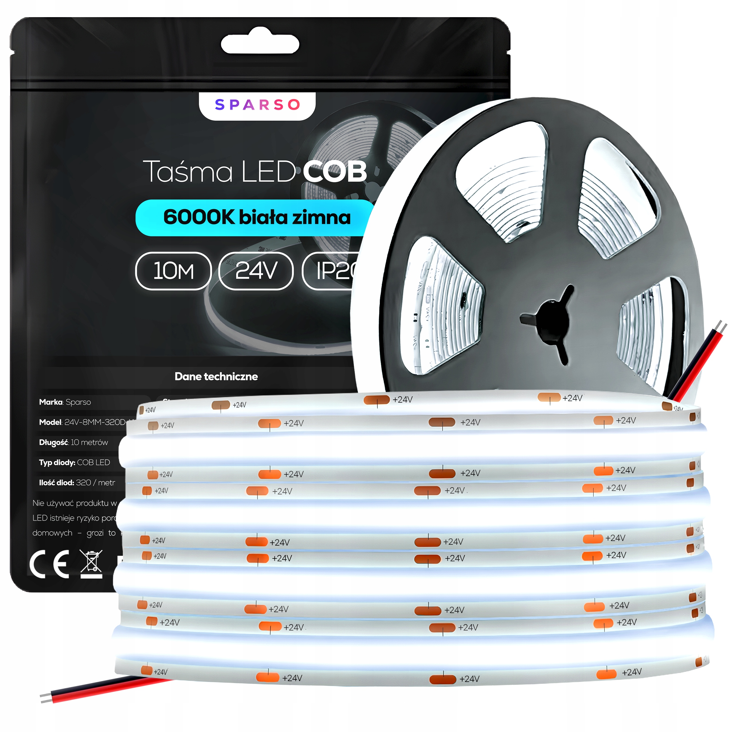 Taśma Led Cob Neon 10m 24V 6000K Biała Zimna 320 LED/m Mocna bezpunktowa