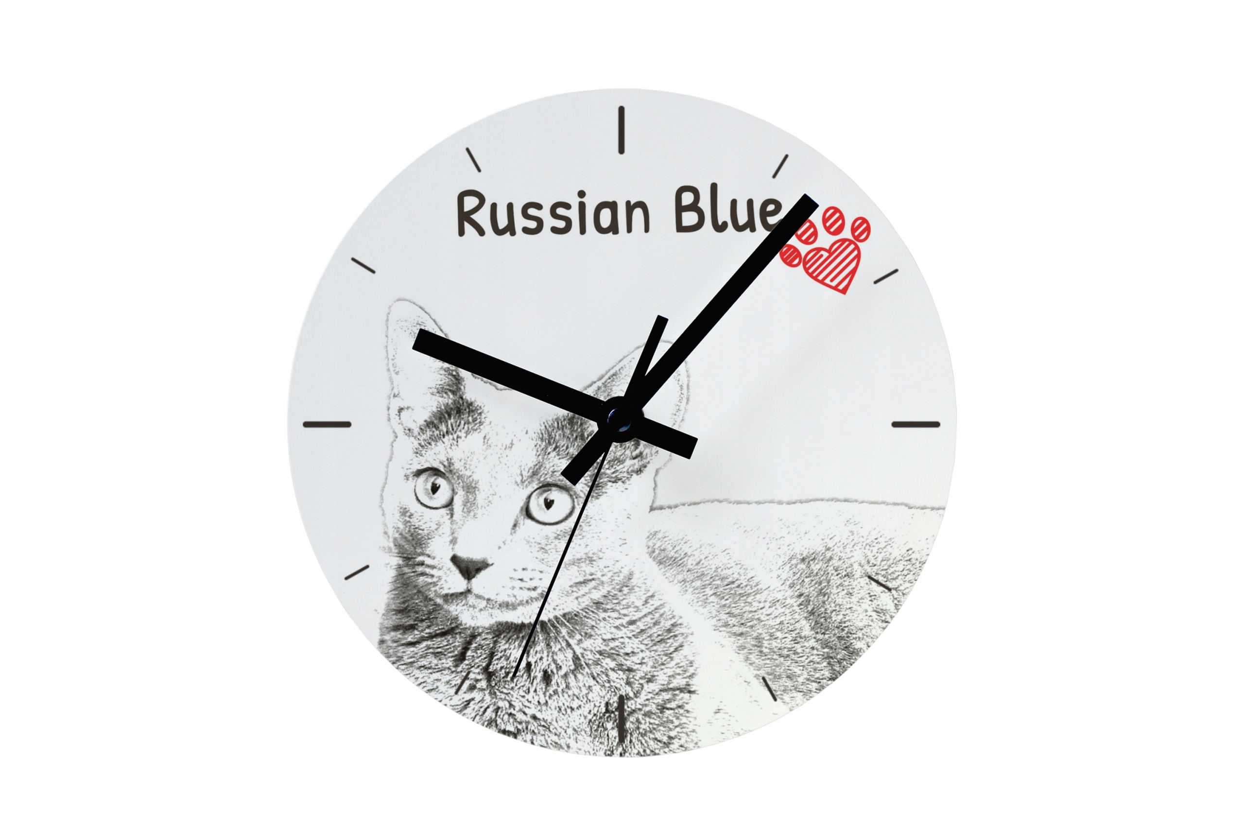 Ruská kočka, modrý hodinový stroj s kočkou, závěsný a stojící, personalizace