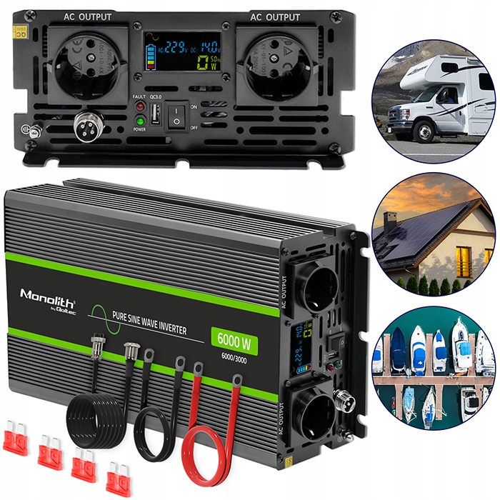 Menič Qoltec 3000W/6000W 24V 230V Čistý Sinus LCD Kamper Dom Ups
