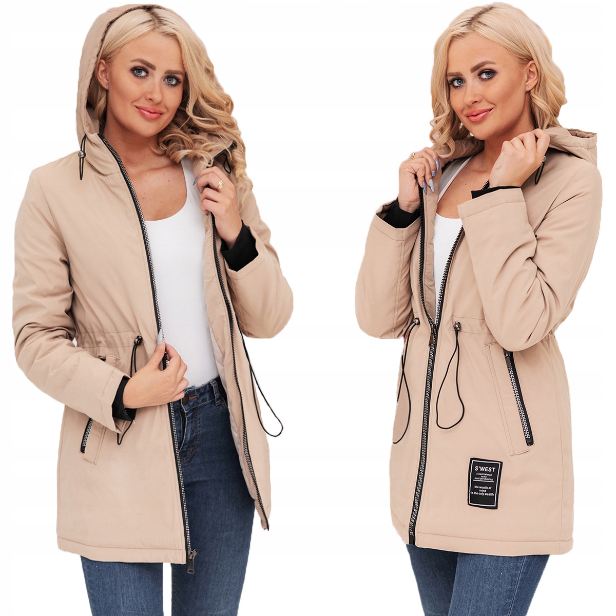Wyszczuplająca parka kurtka wiosenna przejściowa kaptur beżowa