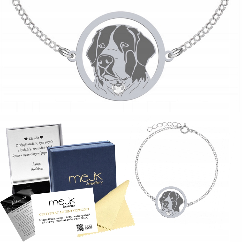 Stříbrný náramek s pejskem Landseer 925 Dárek Žena Gravírování Bonus