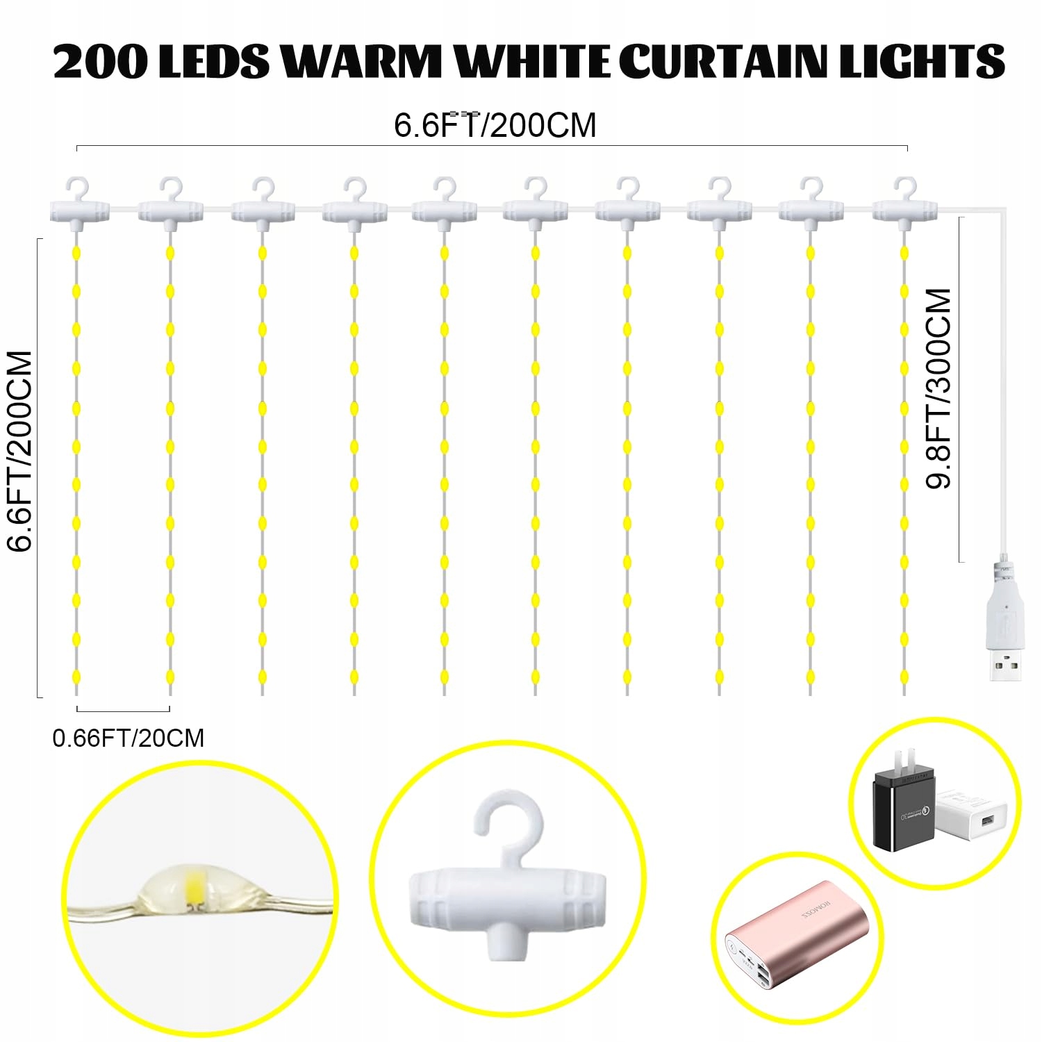 MUSUNIA Kurtyna Świetlna USB 2x2M 200 LED Do Sypialni i Okna Ciepły Biały — miniatura 5