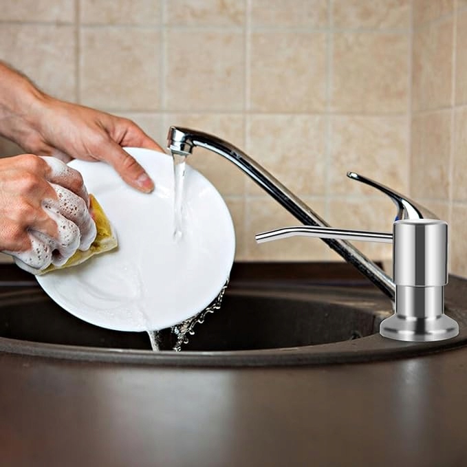 DOZOWNIK DO PŁYNU do naczyń mydła do ZLEWOZMYWAKA umywalki kuchennej srebro Pojemność pojemnika 250 ml