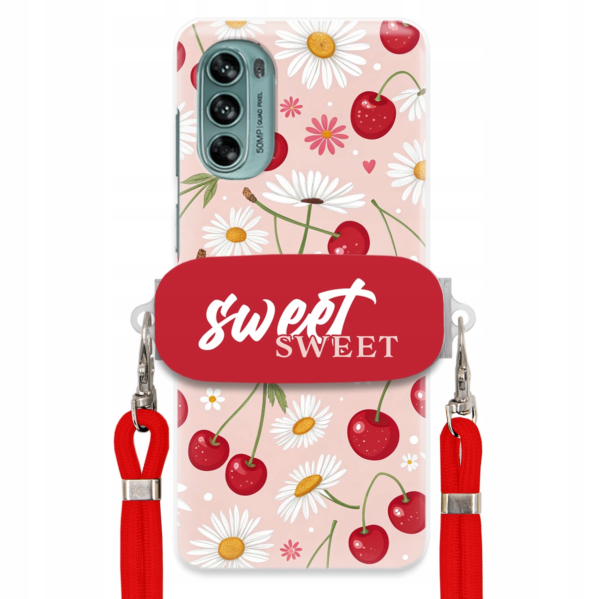 Puzdro pre Motorola G62 5G Červené vodítko Crossbody držiak Sweet Kvet čerešne