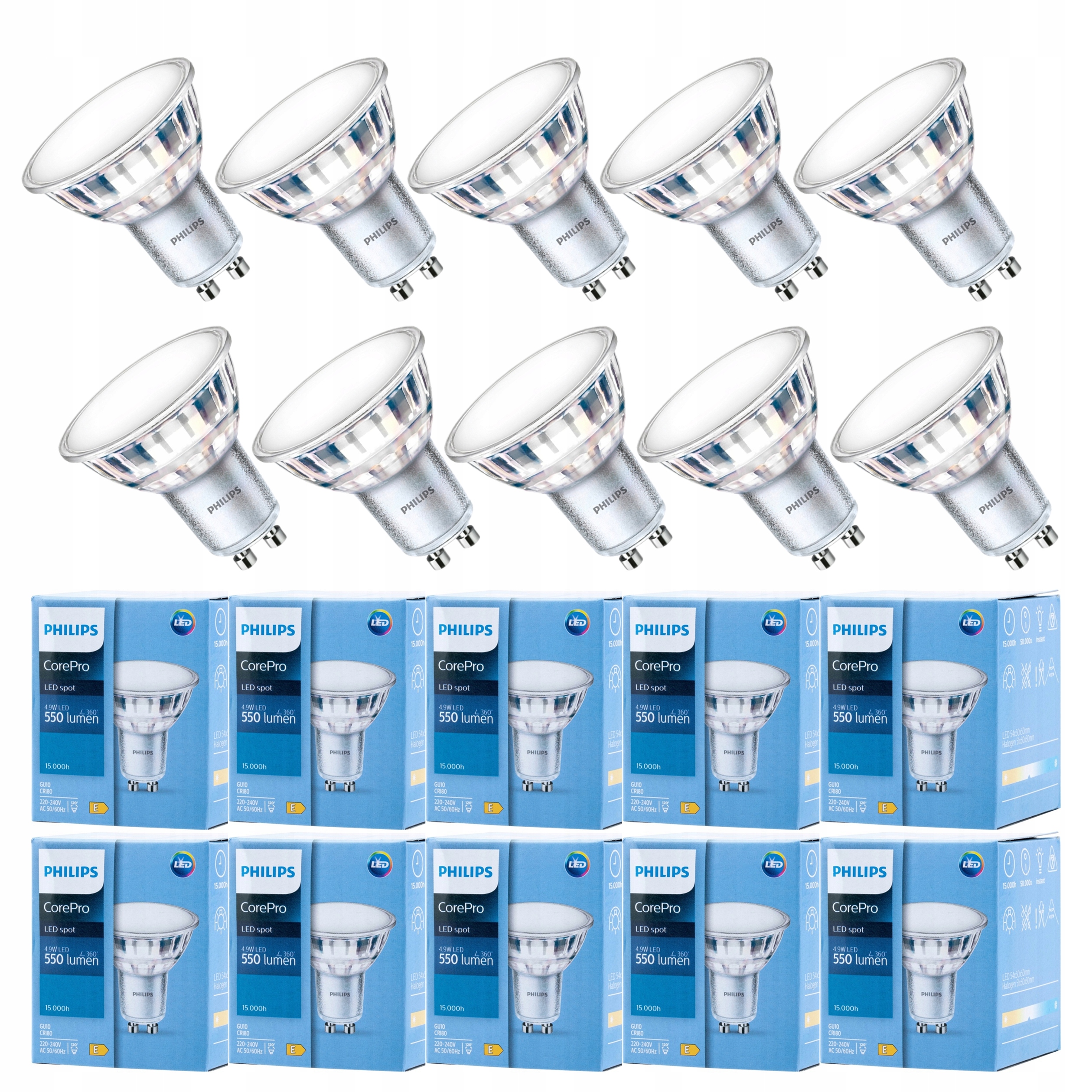 10x Żarówka Led GU10 Philips CorePro 4,9W=50W 550lm neutralna 4000K 120°