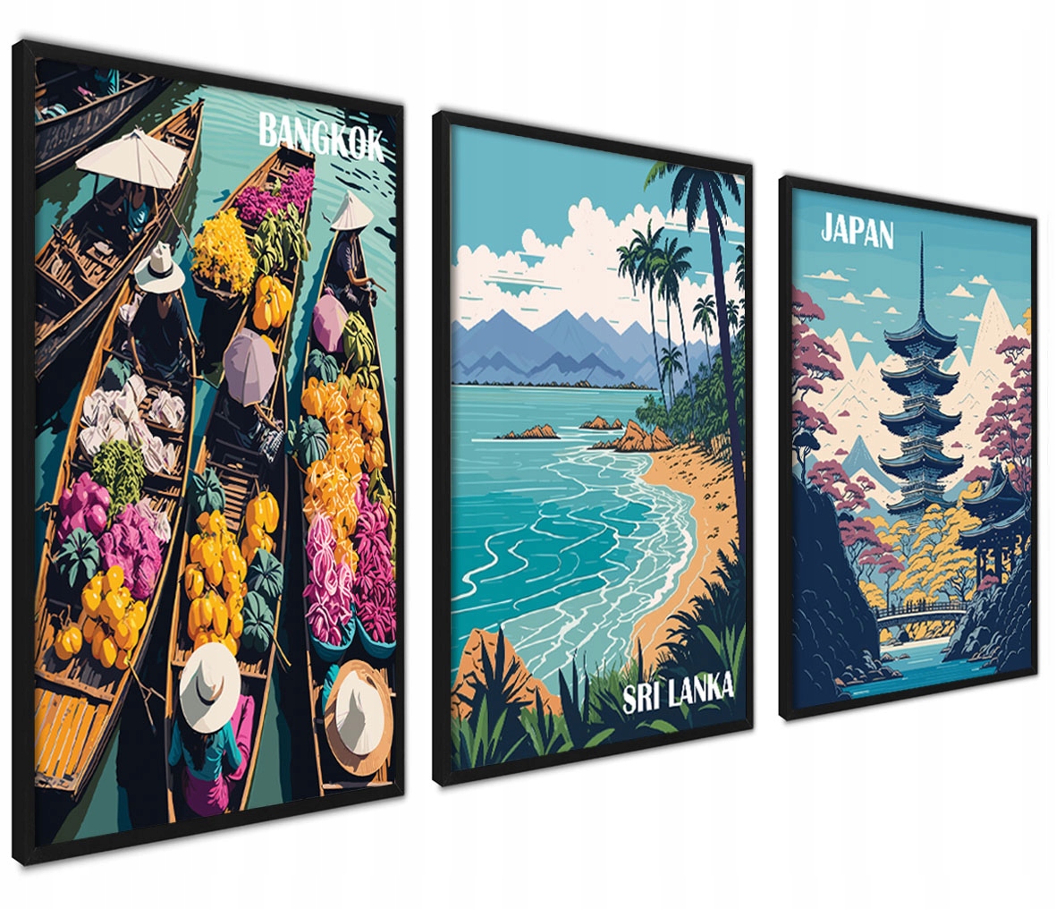 Plagáty Sada obrazov Vintage Ázia Cestovanie Bangkok Srí Lanka V ráme