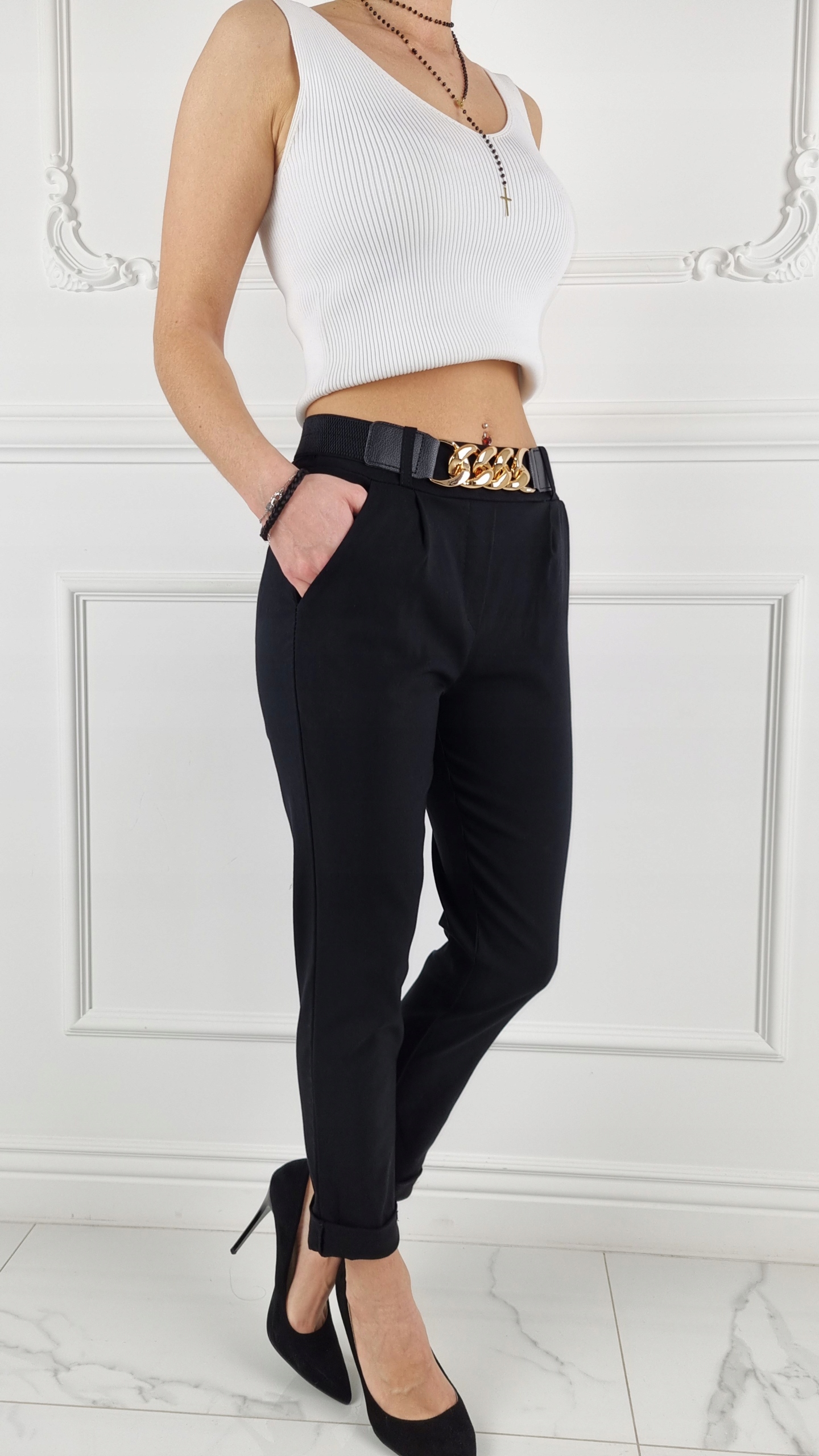 #ELASTYCZNE - SPODNIE - DAMSKIE - W GUMKĘ - PASEK# Długość nogawki 7/8