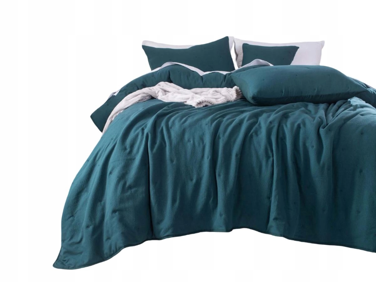 Dekorativní texturovaný přehoz Dotta 240x260 smaragdová s výšivkou puntíků