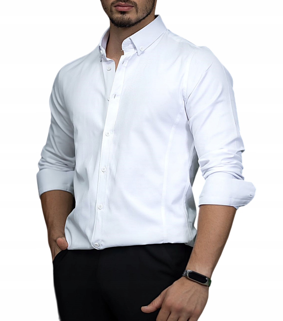 ELEGANCKA KLASYCZNA KOSZULA MĘSKA GŁADKA BIAŁA - L Kolor biały