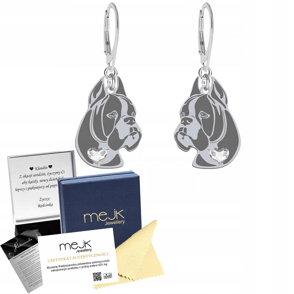 Stříbrné Náušnice se psem German Boxer 925 Šperky Dárek Gravírování Bonus