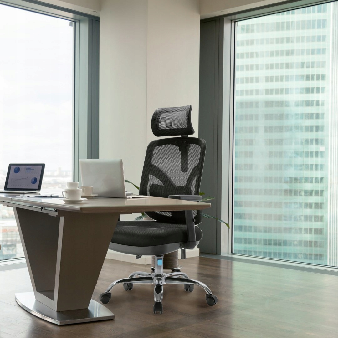 FOTEL ERGONOMICZNY ANGEL BIUROWY OBROTOWY JOKASTA CZARNA SIATKA DO 150KG Głębokość mebla 55 cm