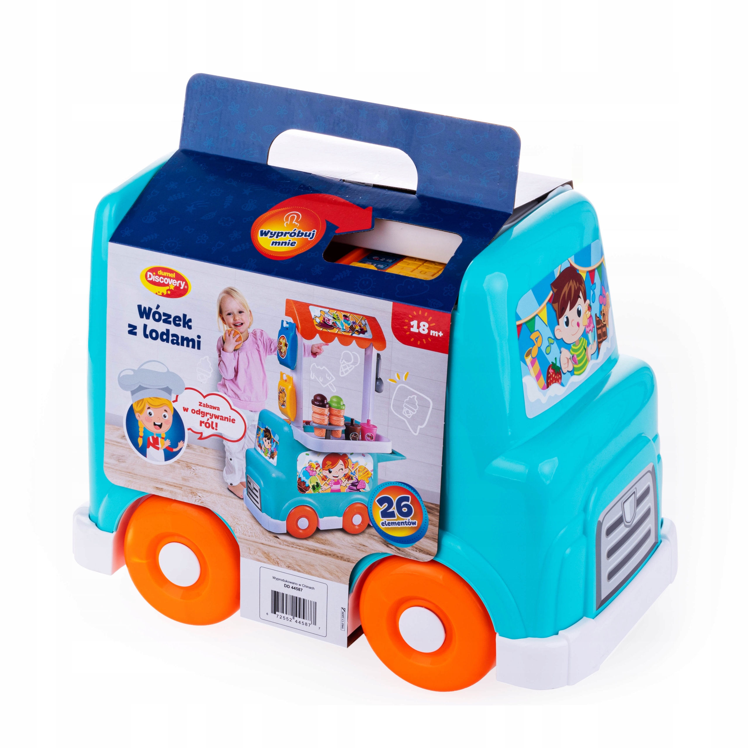 DUMEL WÓZEK Z LODAMI AKCESORIA KASA FOODTRUCK melodie lody 18m+ 44587 Baterie 2 x AA