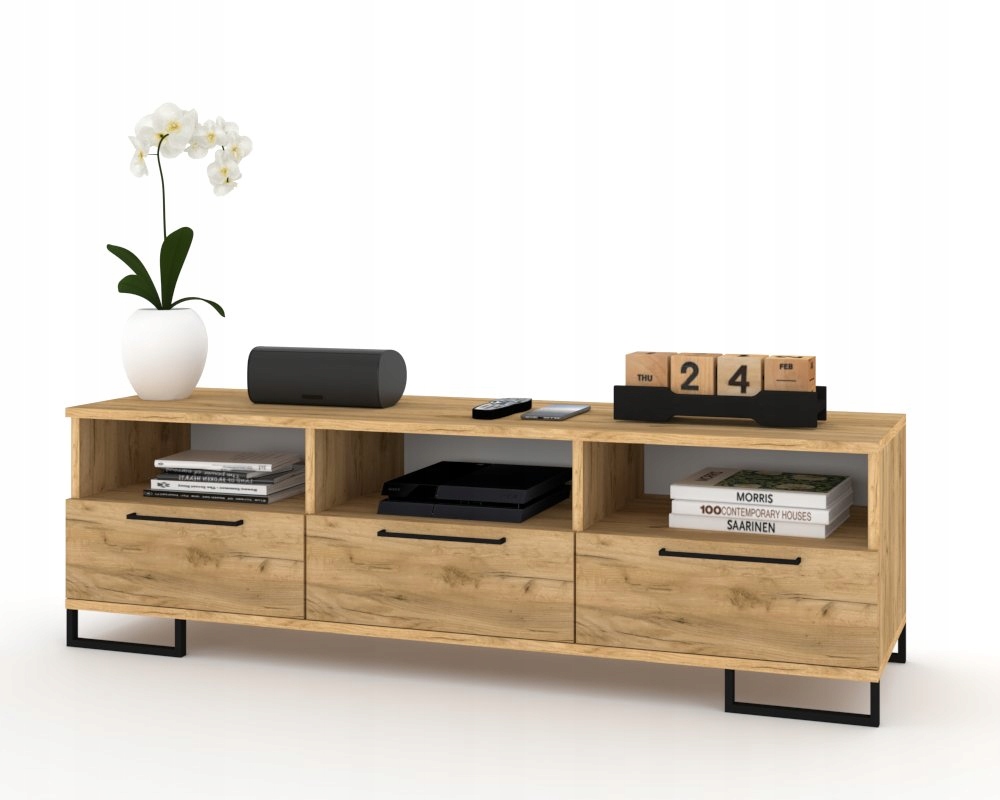 Rtv skříňka Komoda Police do obývacího pokoje Hania Kwadro 150 Dub Craft Zlatá