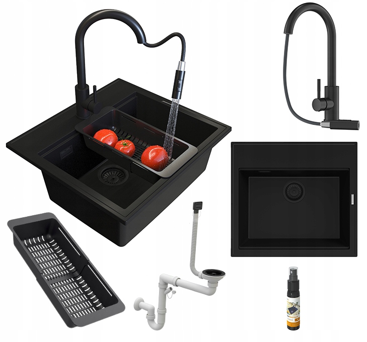 Granitový drez Čierny Verno Sada Drezov sifónová batéria Loseto čierna