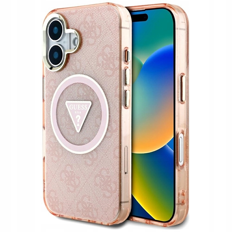 Guess IML Metal Glitter MagSafe Pouzdro pro iPhone 16 4G Brokat Trojúhelník
