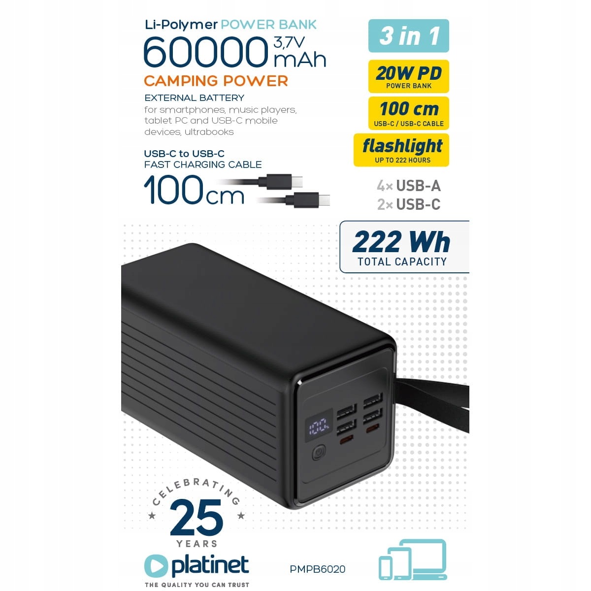 Powerbanka 60000 mAh 20W Qc 3.0 Svítilna Kabel 1m Usb-c