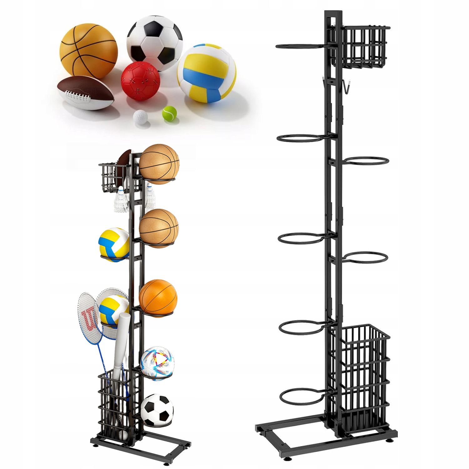 Stojan Na Míče Kovový, Vertikální Skladování, 156 CM, Černý Organizér