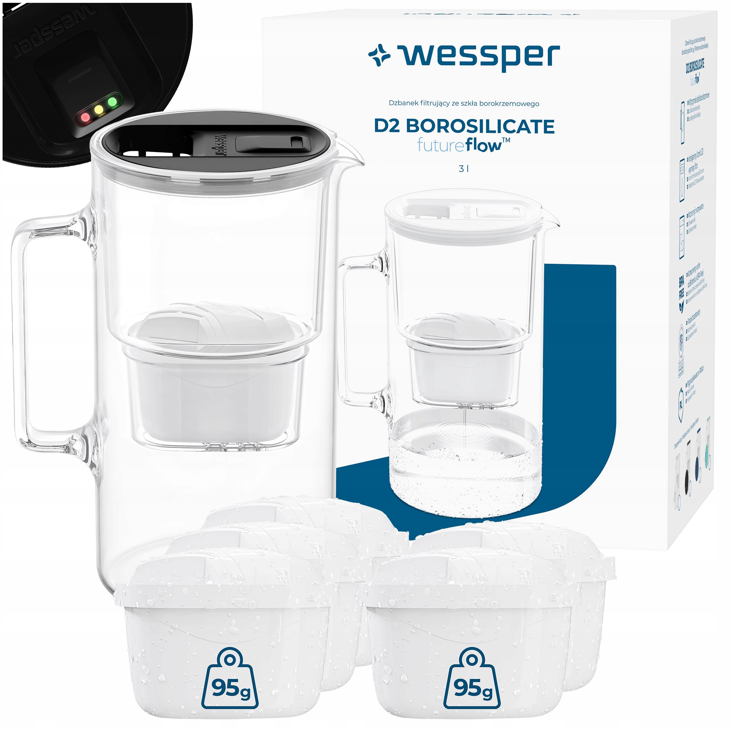 Szklany dzbanek filtrujący Wessper D2 Borosilicate 3l futureflow 6x filtr
