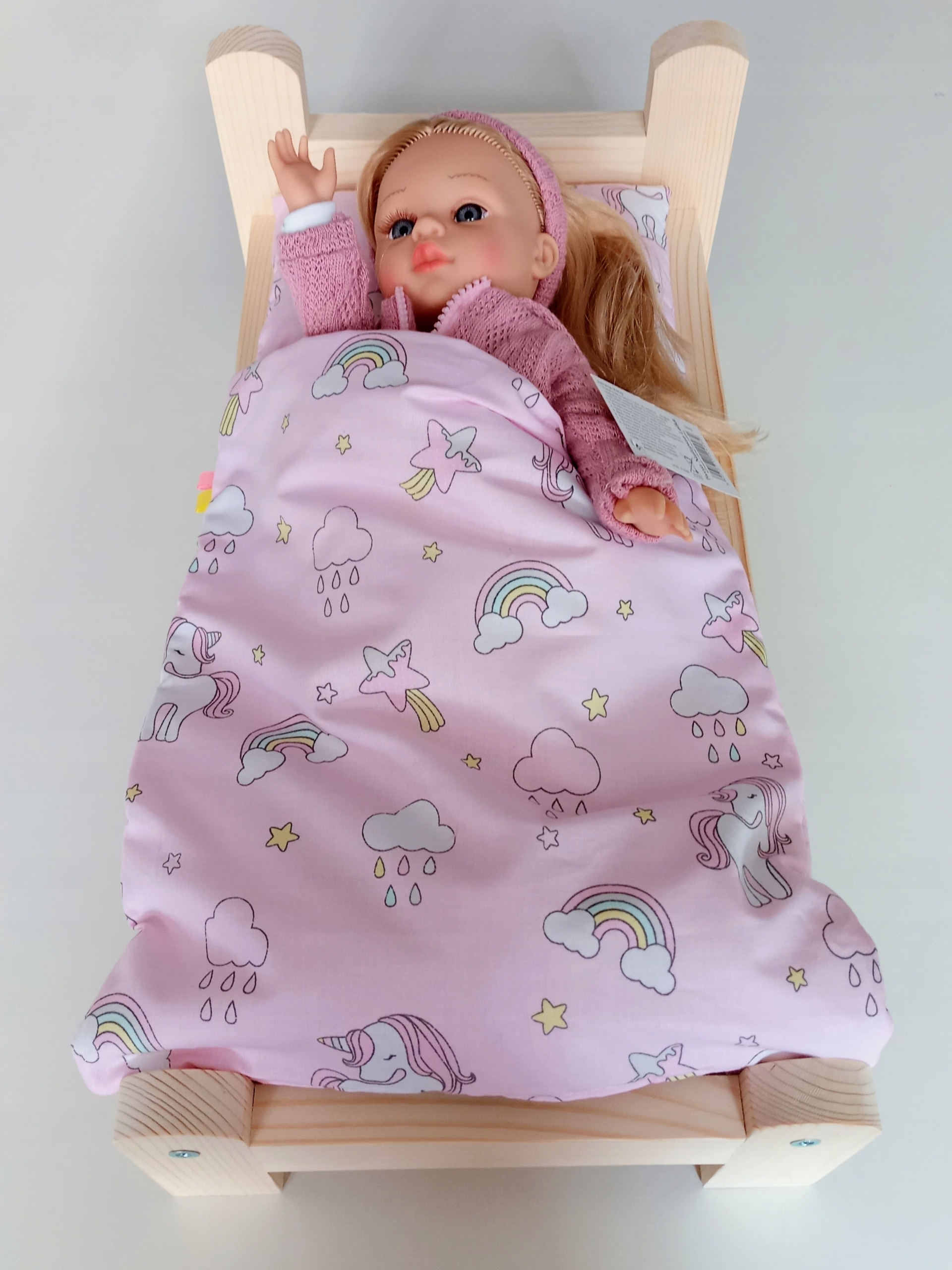 

Łóżko Dla Lalek. Łóżeczko Drewniane. Pościel 3 El.