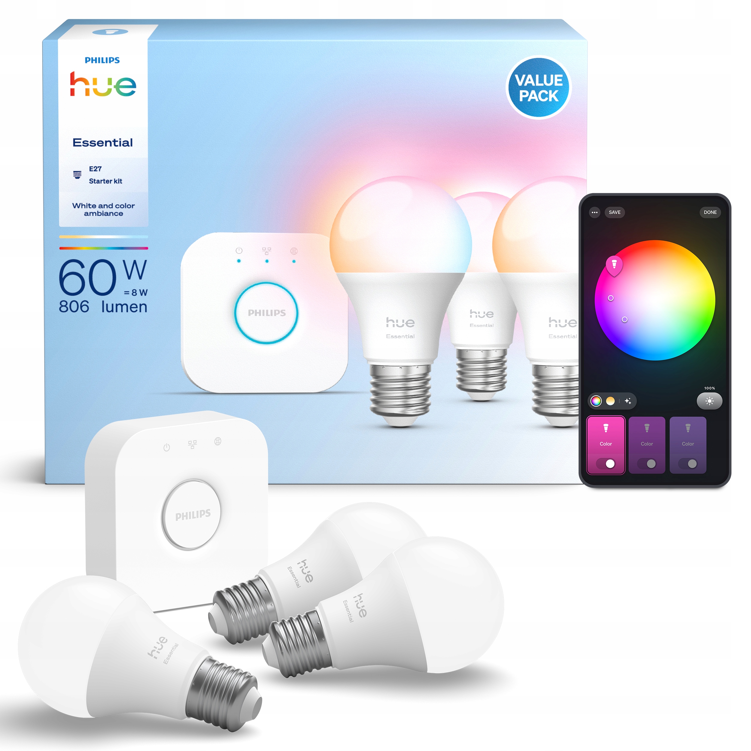 Led žárovka E27 8W Rgb Inteligentní 3 ks můstek Philips Hue Essential
