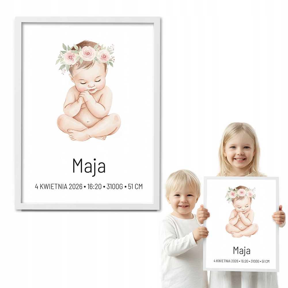 Obraz Metrička Pro Dívku, bílý rámeček 50x70 do dětského pokoje