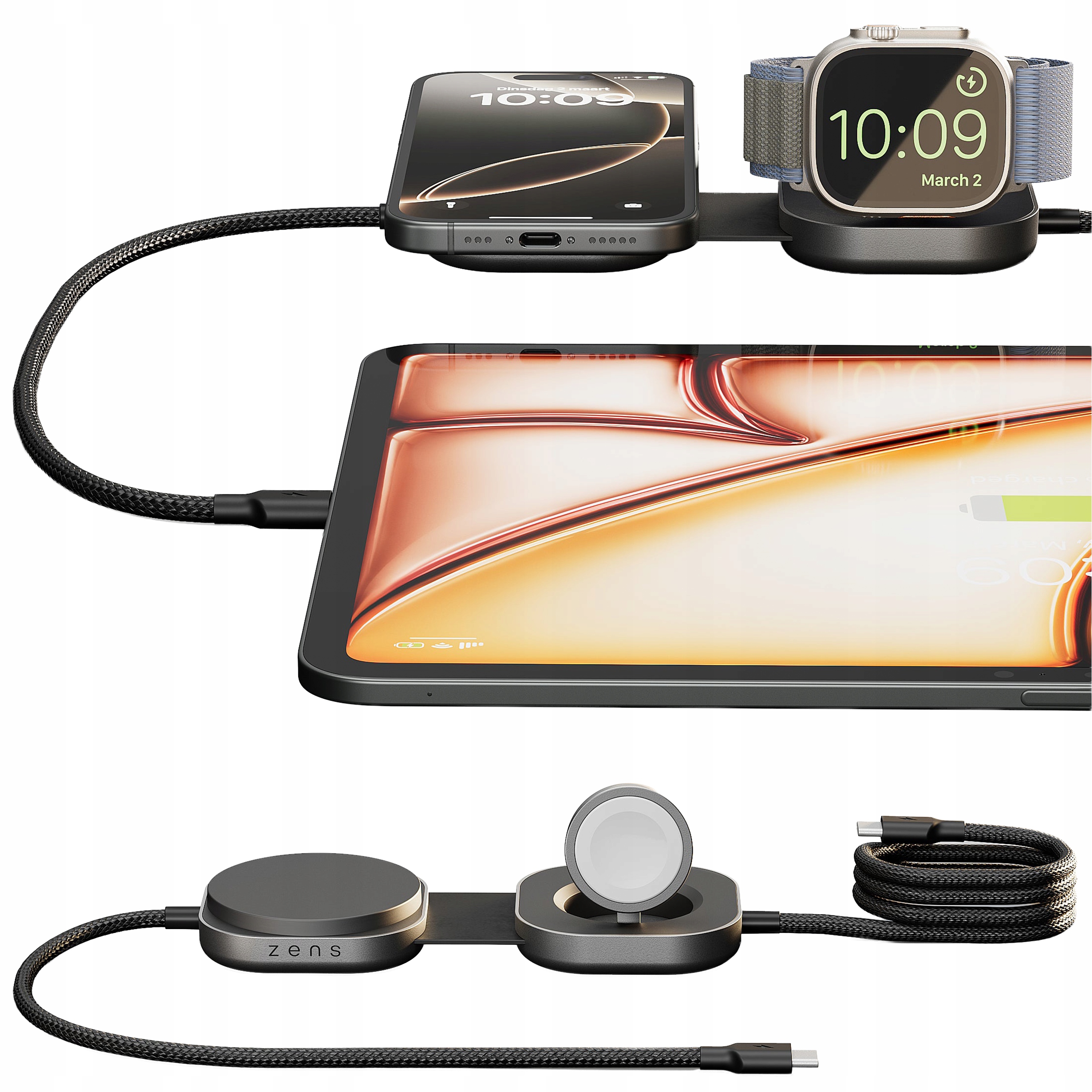 Zens Cable Usb C-C Pro 3 Magnetický kabel Usb-c Qi2 15W pro 3 zařízení