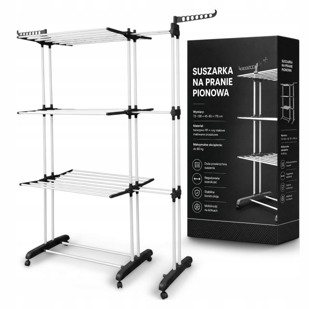 Sušák Na Prádlo Roztahovatelná Velká XXL 60 Kg Stojící Oblečení Skládací Černá