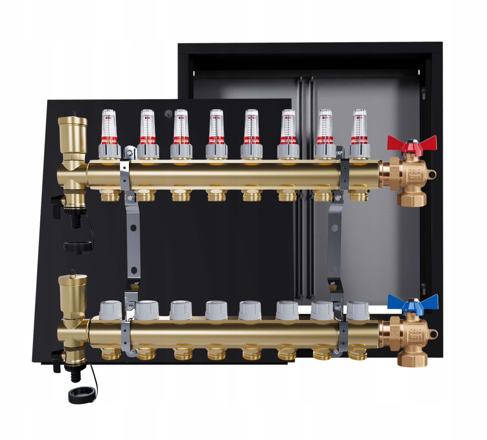 Rozdělovač mosazný podlahový 8 okruhů nástěnná skříňka černá ventily