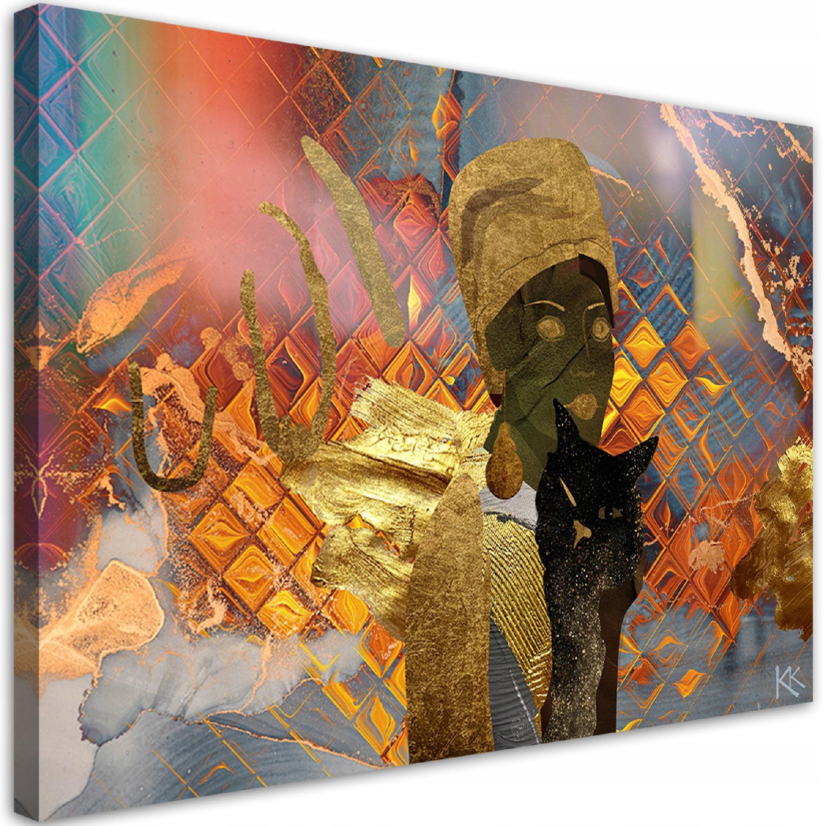 Obraz na plátne, Africká žena a čierna mačka 120x80