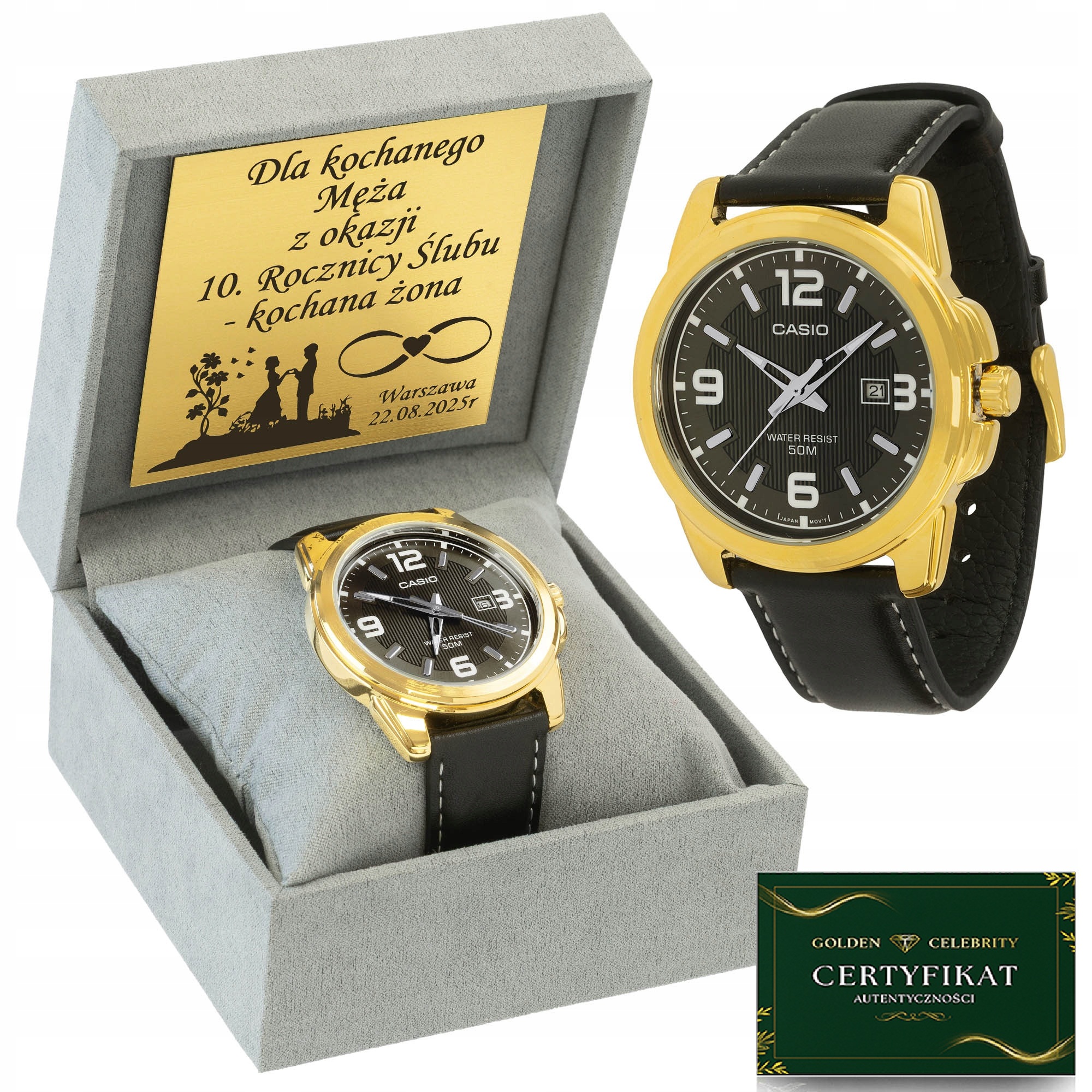 Pánské Hodinky Casio 24K Zlacené Pravým Zlatem, Kožený Řemínek Dárek
