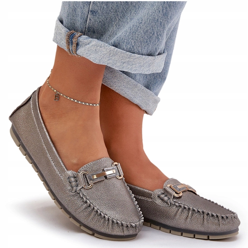 Ploché Brokátové Mokasíny S Koženou Ozdobou D&a LR51-546 Stříbrné 37