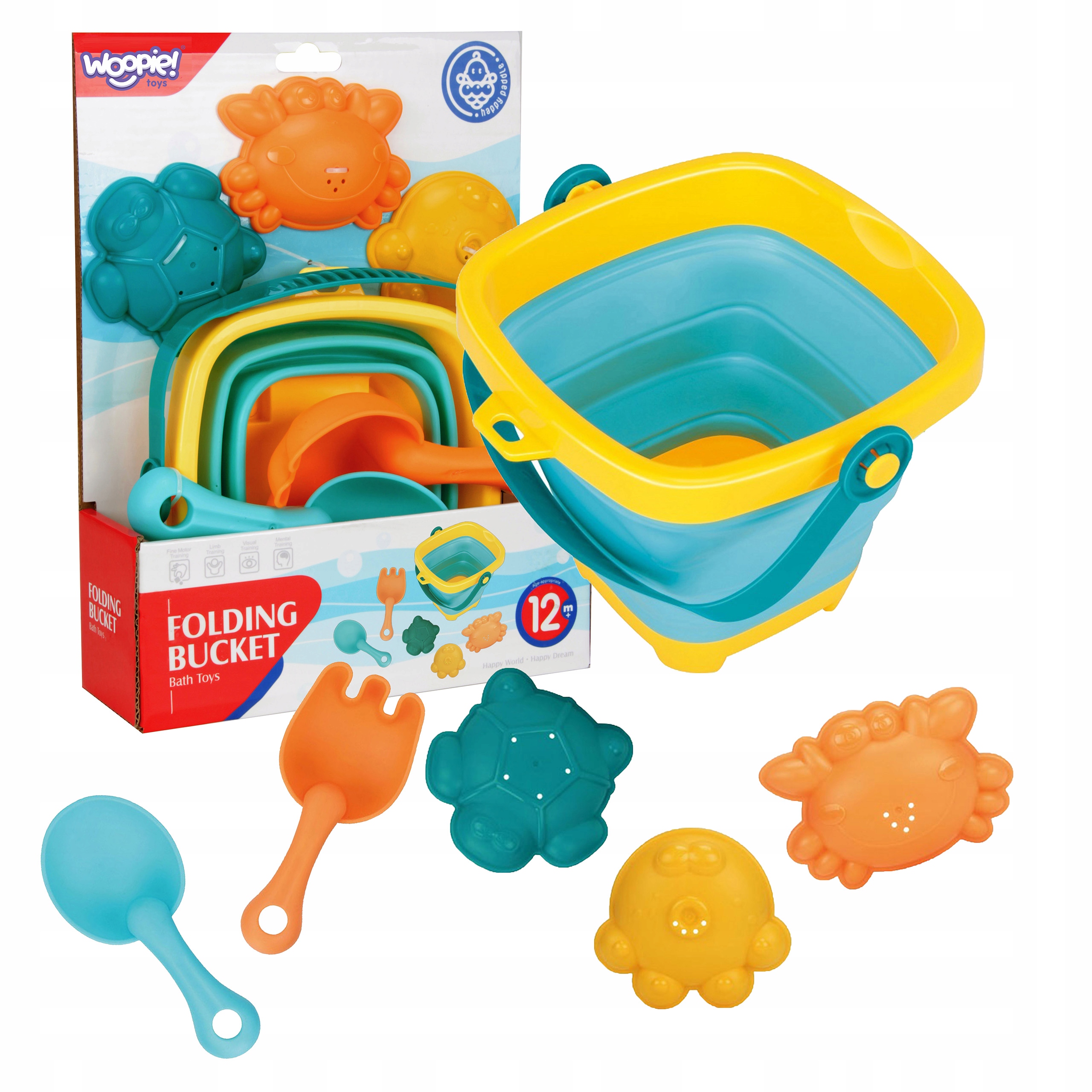 ZESTAW DO PIASKU PIASKOWNICY WIADERKO ŁOPATKA GRABKI FOREMKI 6 el. WOOPIE