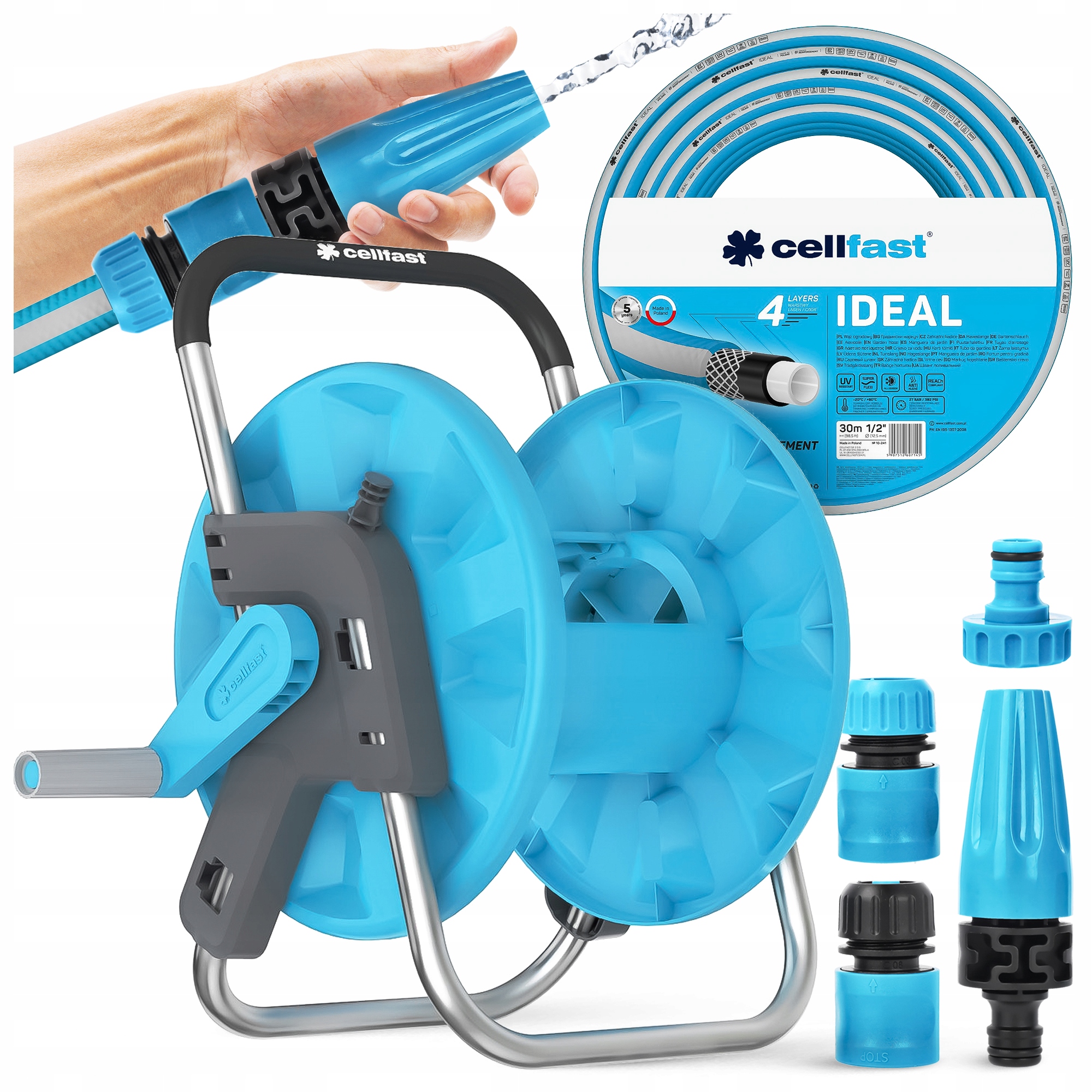 Zahradní Hadice Na Stojanu 1/2" 30 m Cellfast Pistole Navíječ Spojky Sada