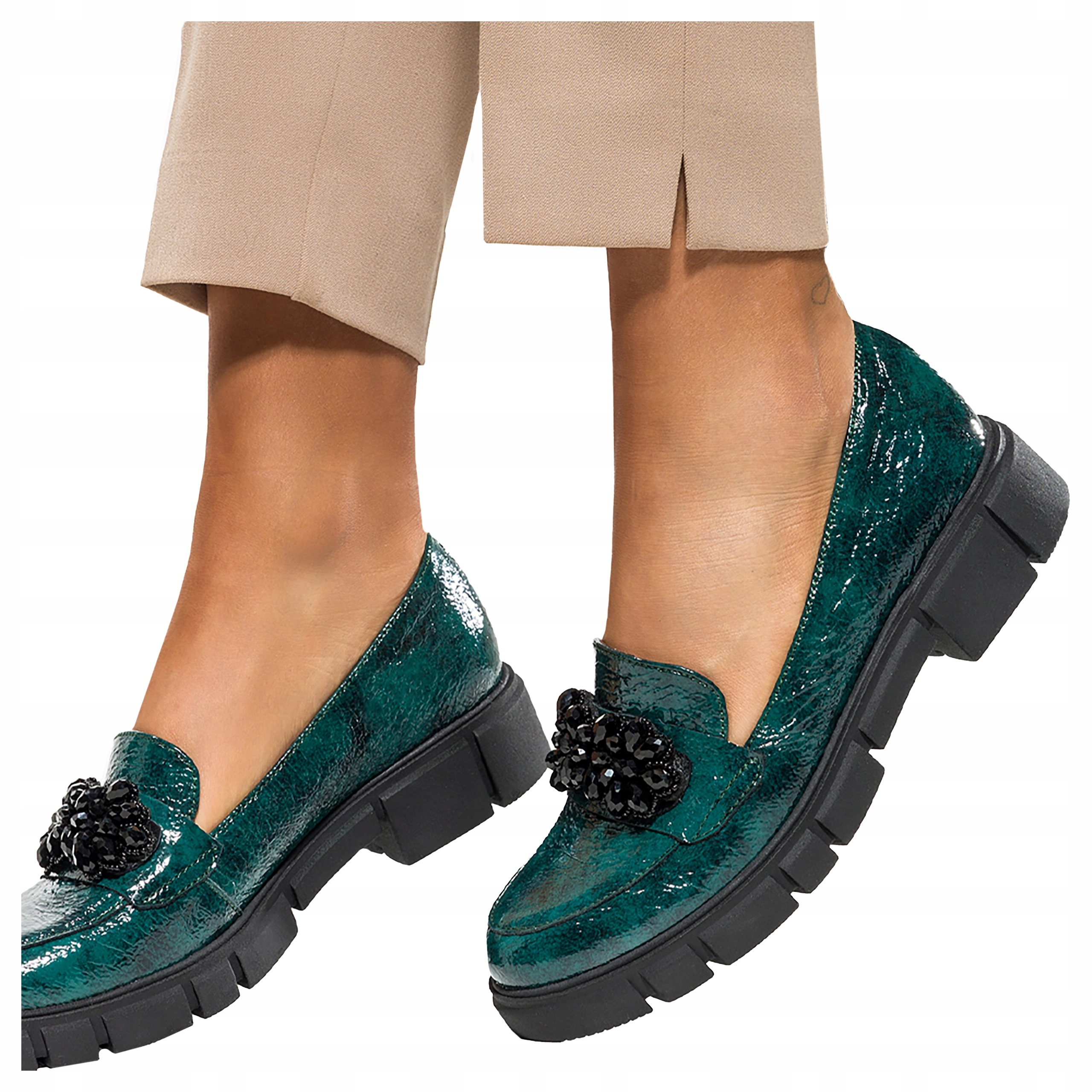 Dámské Kožené Lakované Polobotky Módní Křišťály Zelené vel. 39