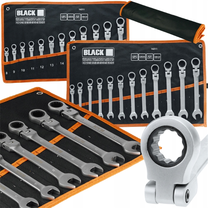 Zestaw Kluczy Płaskich Z Grzechotką Łamane 8-19mm 12PC Płachta Black