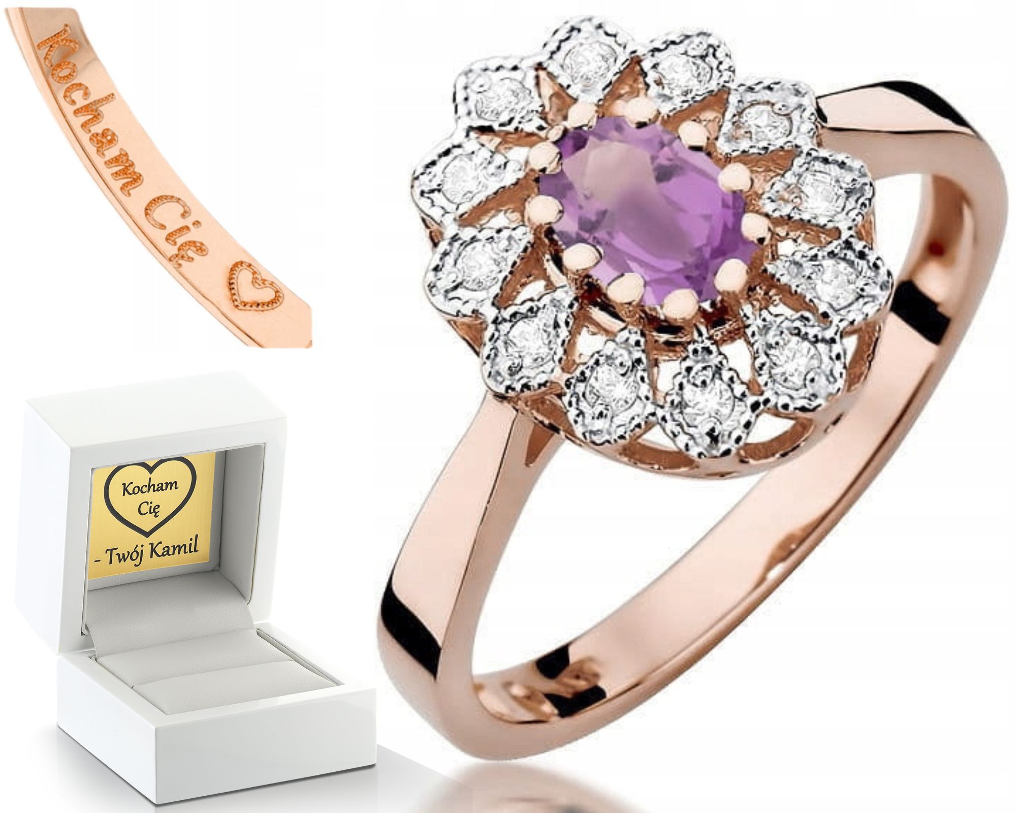 Zásnubní Prstýnek Ametyst Růžové Zlato Gravírování Bonus 585 Dárek