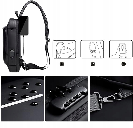 SLING BAG TORBA NA KLATKĘ PIERSIOWĄ, MĘSKA TORBA NA RAMIĘ, OCHRONA HASŁEM Nazwa koloru producenta czarny torba