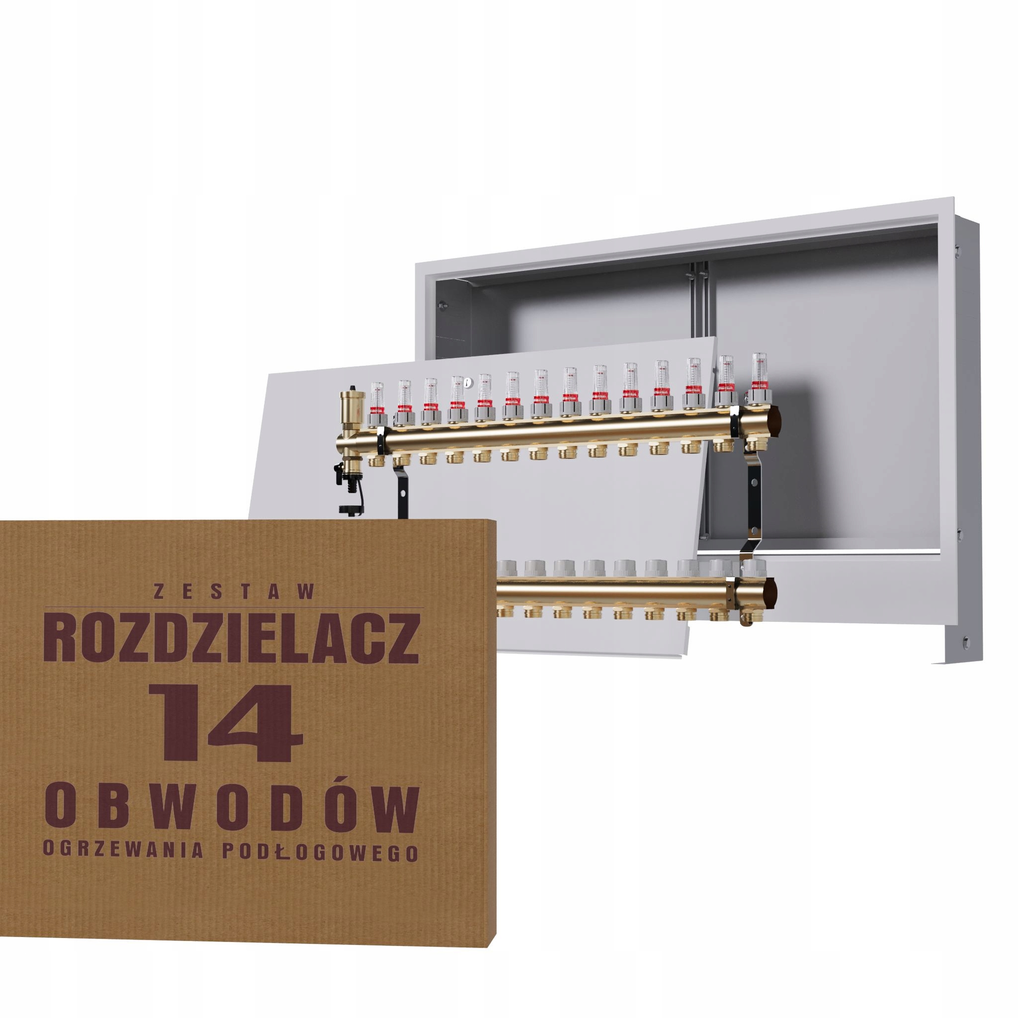 Rozdělovač pro mosaznou podlahu 14-okruhový a podomítkový box, bílý