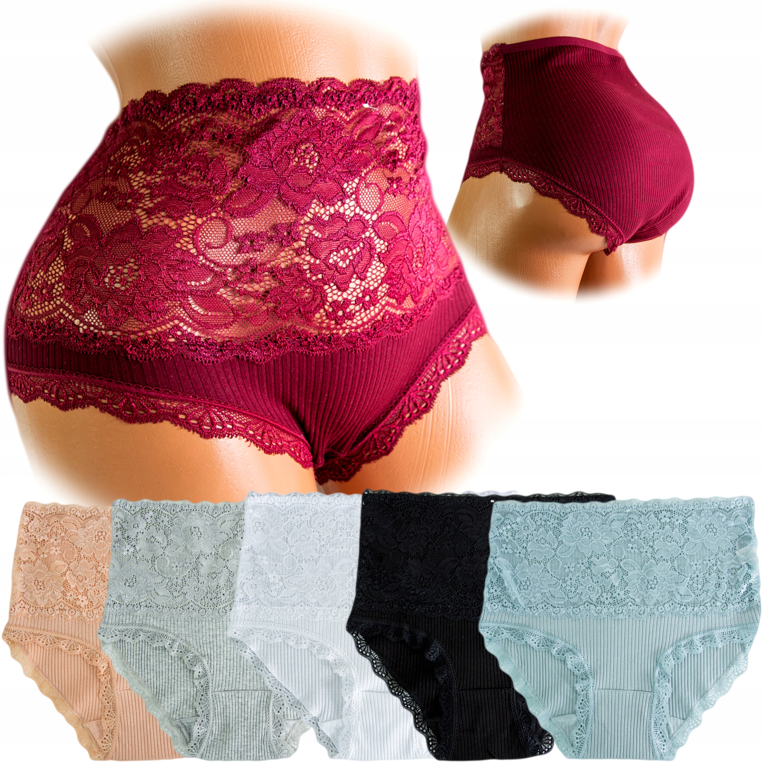 

6x Majtki Figi Damskie Koronkowe Wysoki Stan XL