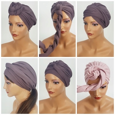 Turban Sejla róż chusta bez wzoru marszczona także po chemioterapii Odcień brudny róż (dusty pink)