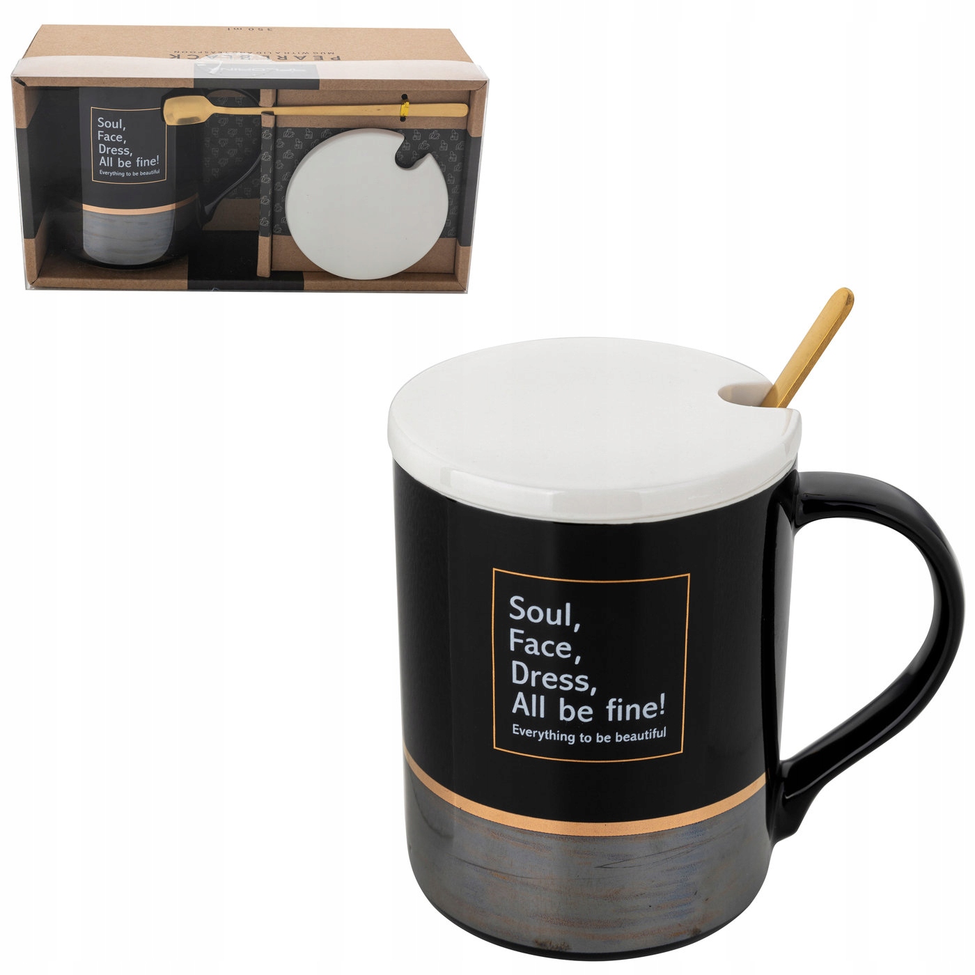 

Kubek Porcelanowy Z Pokrywką+łyżeczka Pearl Black