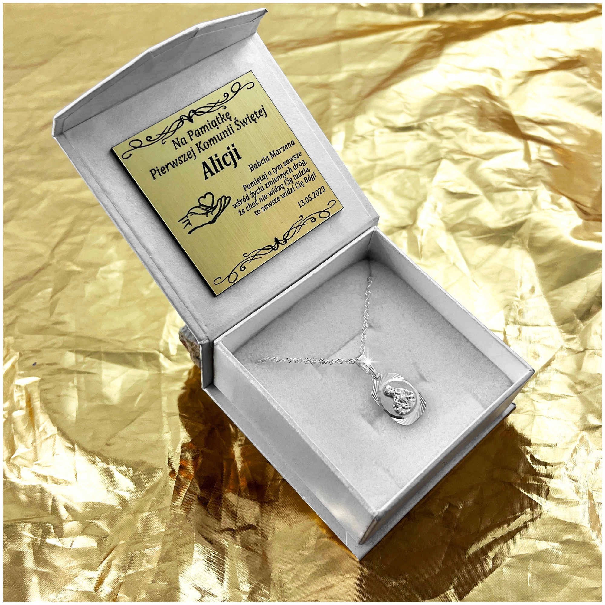 SREBRNY ŁAŃCUSZEK SINGAPUR + MEDALIK PR. 925 MATKA BOSKA KARMIĄCA + GRAWER Kolor srebrny
