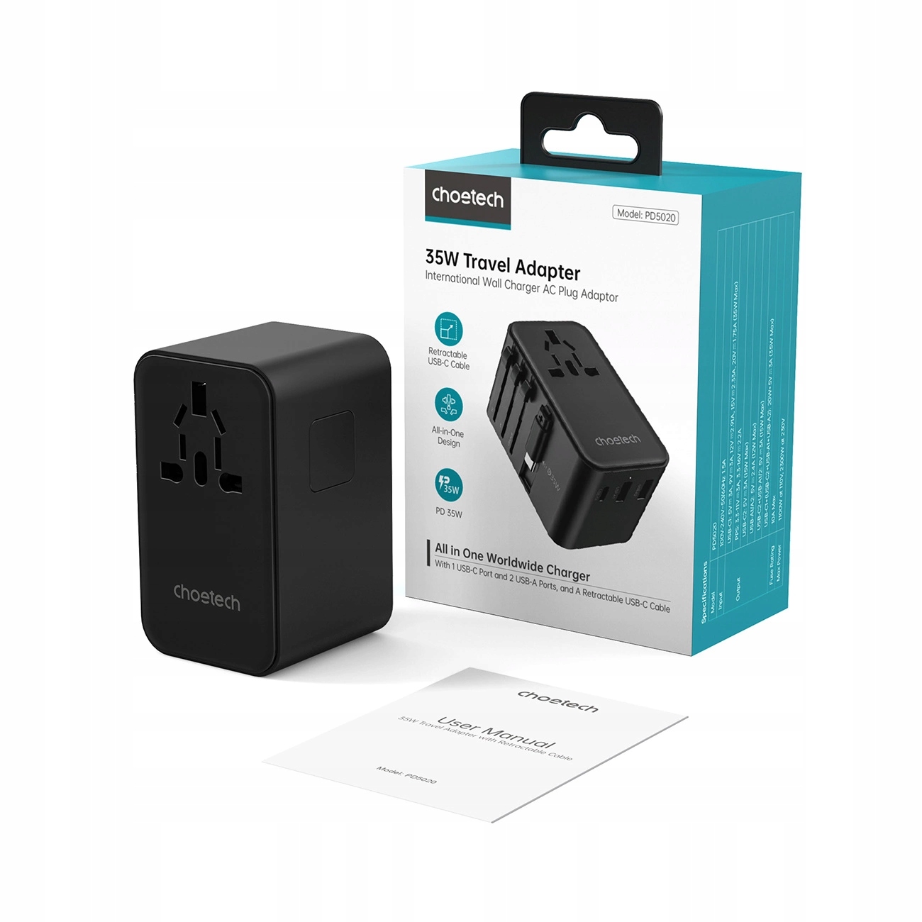 Adapter podróżny Choetech PD5020 35W Eu Us Aus Uk z wbudowanym kablem