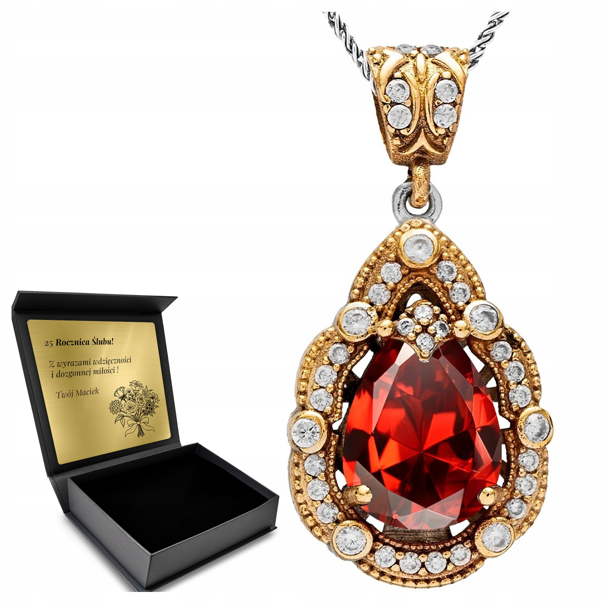 Náhrdelník Stříbrný Řetízek 925 Přívěsek Zirkony Granát Gravírování Bonus