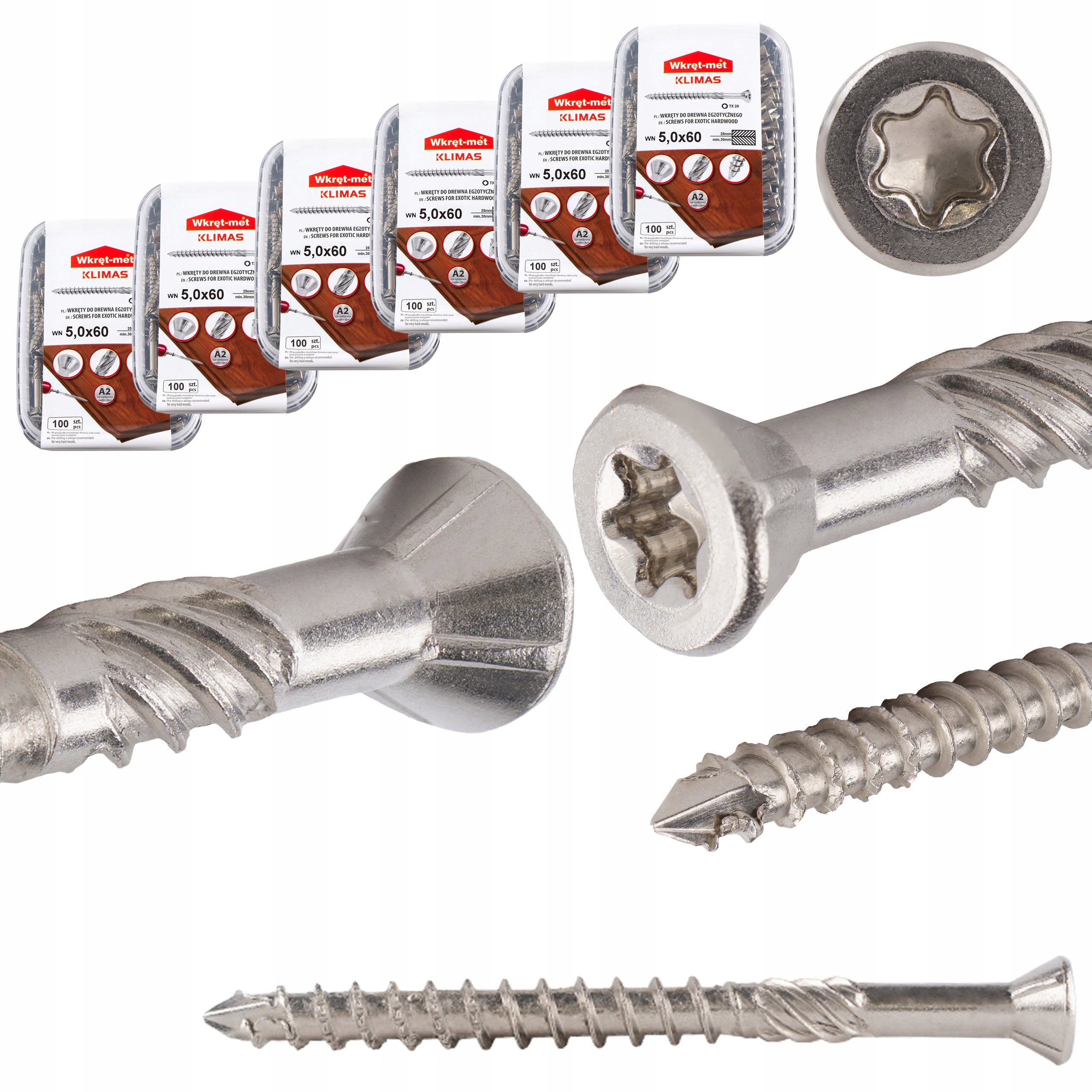 Nerezové skrutky do dreva 5x60 mm 600 ks na terasu Torx A2 Klimas Wn